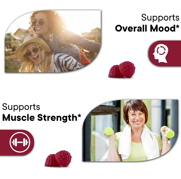 red gel-like gummy supplements shaped like small textured berries for vitamin d3 k2 supplementing granules soft candy 60ct