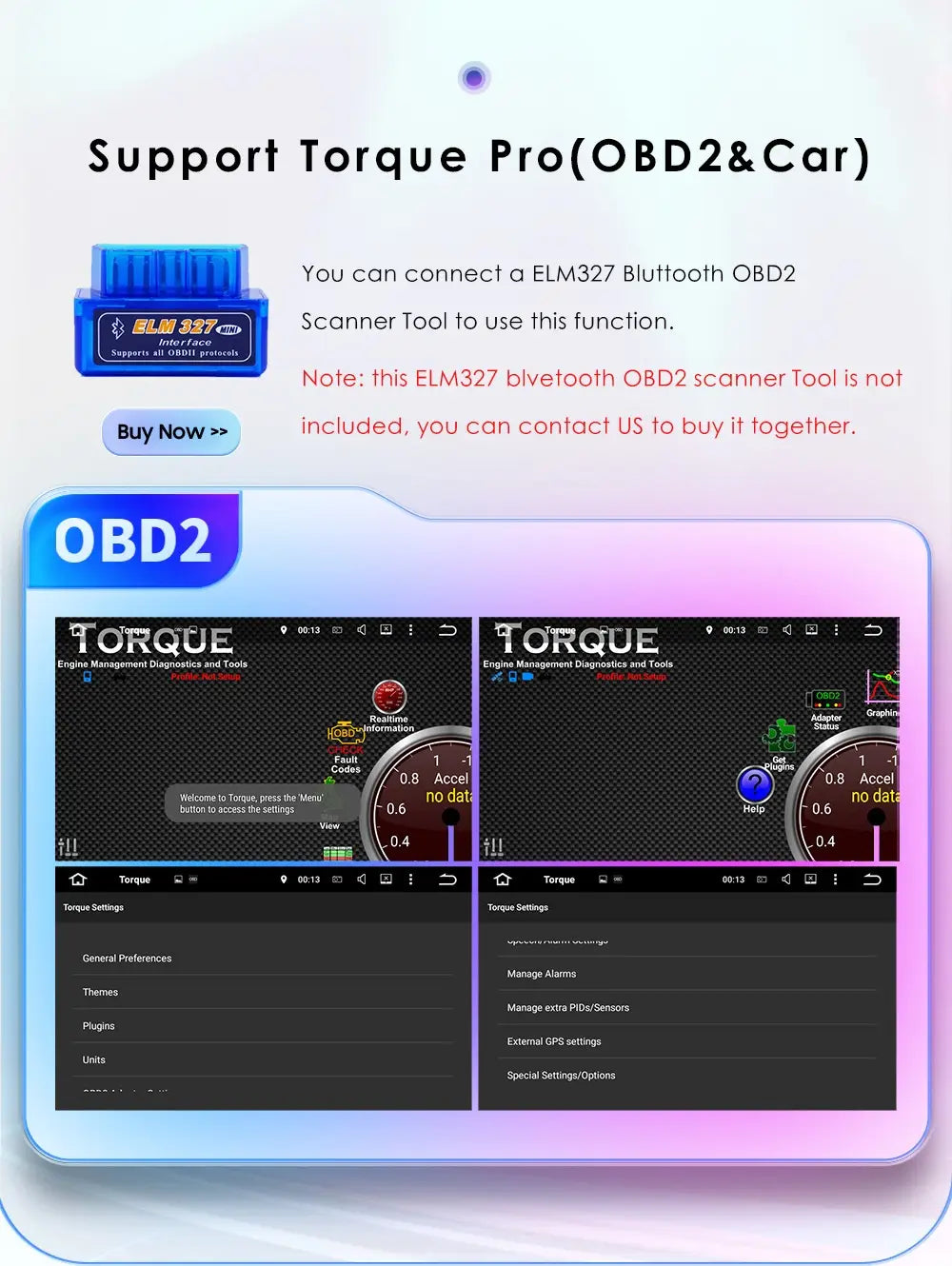 blue rectangular elm327 bluetooth obd2 scanner tool with white text and small logo on its surface for 10.1 inch android car navigation wifi 4glte version carplay use.