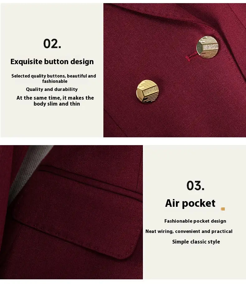 light blue tailored business suit featuring gold-toned textured buttons with a geometric pattern on rich wine red fabric for a wine red suit look.