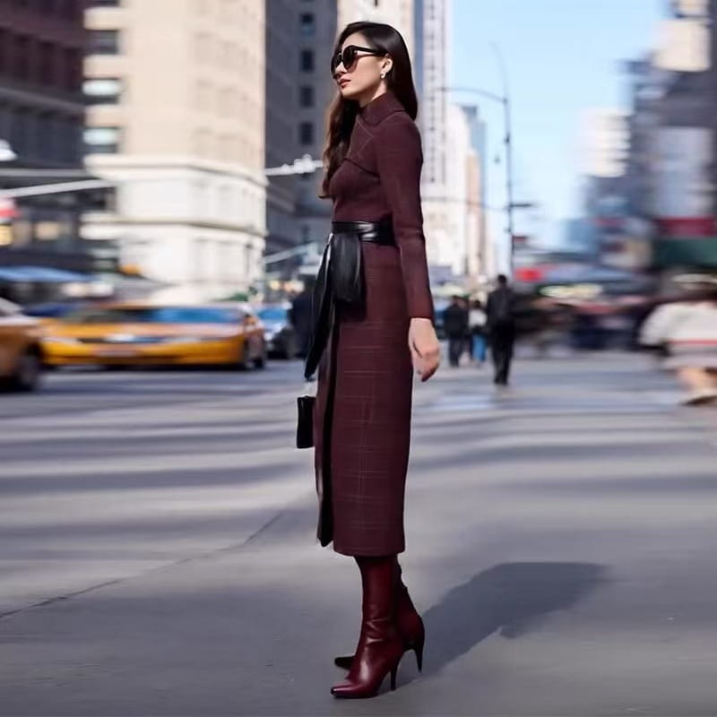 A burgundy high neck midi dress with a subtle check pattern and black leather wide-waisted belted detail.