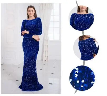 A shimmering royal blue long sleeve mermaid gown with a fitted silhouette made from modest stretch sequin material designed for women.