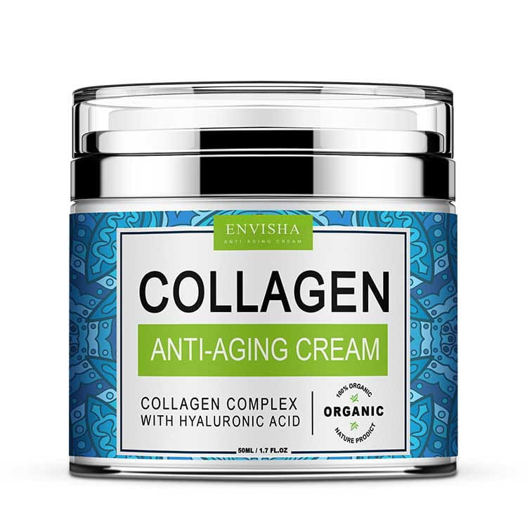 Envisha retinol cream collagen anti-aging cream in a clear glass jar with a silver lid and blue patterned label.