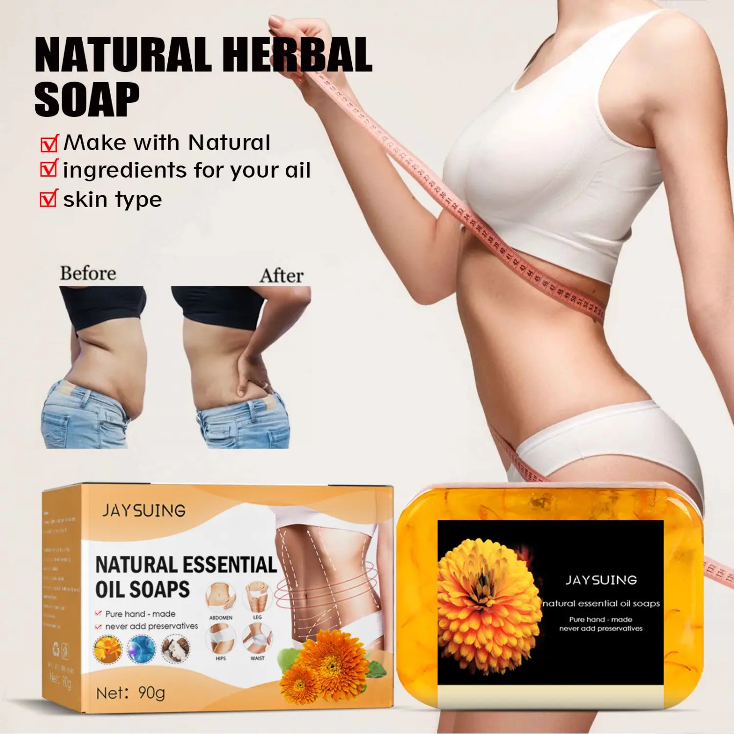 a rectangular bar of orange-yellow natural herbal body soap with a black label featuring a marigold flower and the brand name jaysuing designed for skin tightening.
