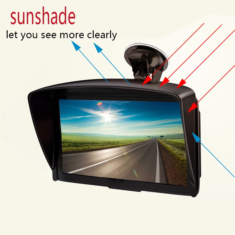 black sunshade for portable 7-inch on-board gps navigator for car wagon featuring a sleek curved frame and suction cup mount to block glare.