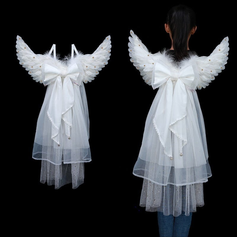 white angel wings halloween performance costume with sheer tulle layers, feathered edges, and large central bow, ideal for christmas halloween performance or performance costume props.