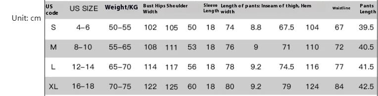 The image shows a size chart in centimeters for the butterfly print short sleeve homewear suit pants available in US sizes S to XL.