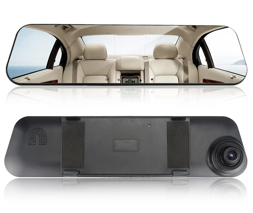 black rearview mirror camera with integrated display and lens shown from the back for the white glass white glass white mirror rearview driving recorder product.