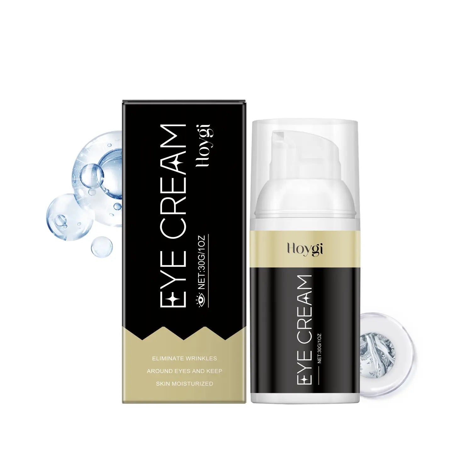 Black and gold Hloygi anti aging moisturizing eye cream in a sleek pump bottle with matching box designed to eliminate wrinkles around the eyes.