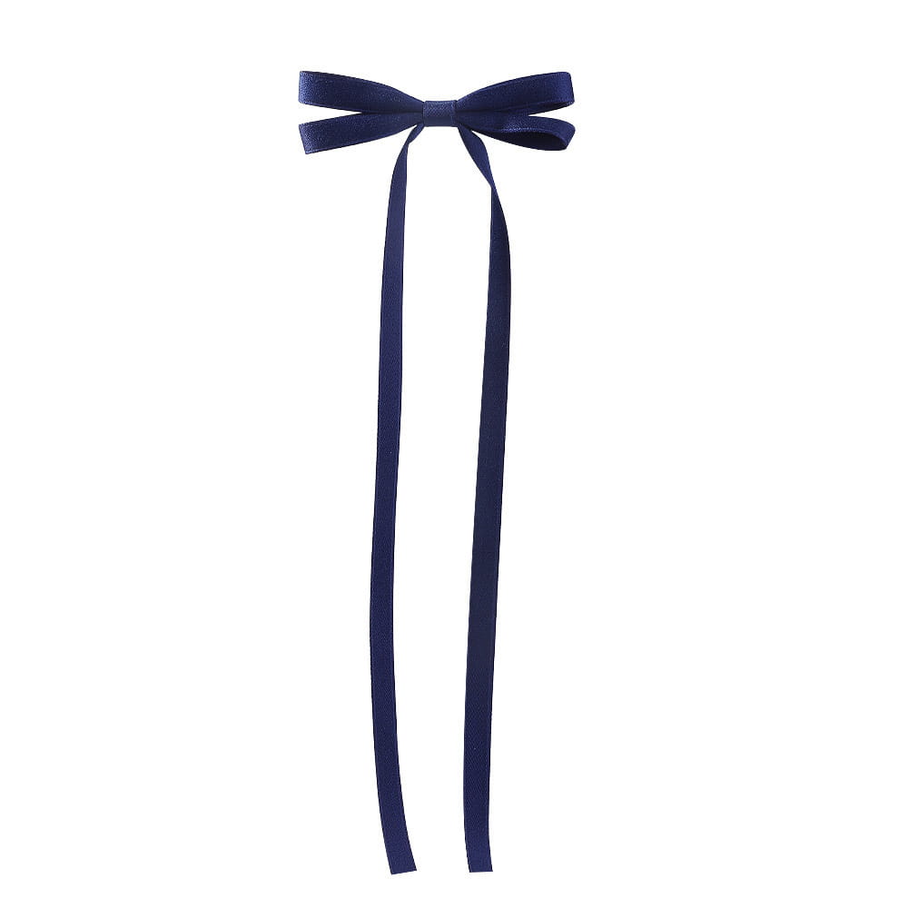 a navy blue satin bow braided hair ribbon with long flowing tails designed as a hair tie double set