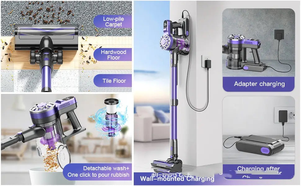 household small portable cordless stick vacuum cleaner in purple and black with a detachable wash and one-click rubbish pour feature for easy cleaning