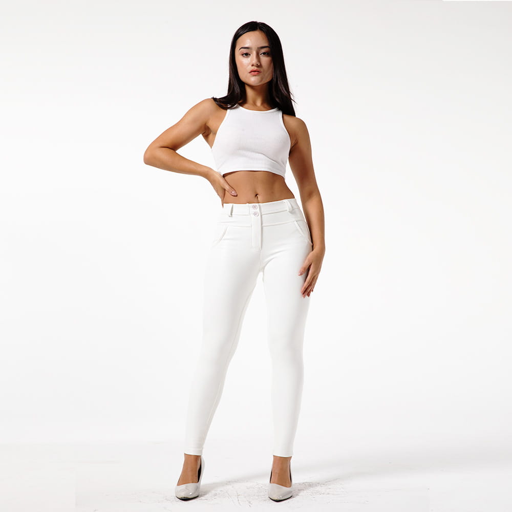 White pu leather high waisted skinny pants featuring a sleek, form-fitting design ideal for leather fitness pants by Royale Essence Lux.