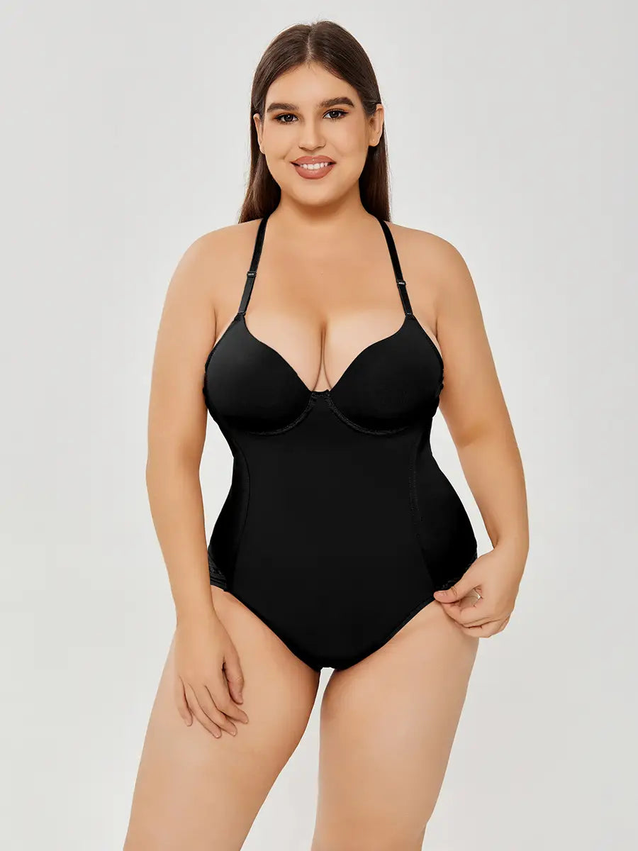 black one-piece plus size ultra firm control body shaper swimsuit with thin straps and supportive form-fitting design
