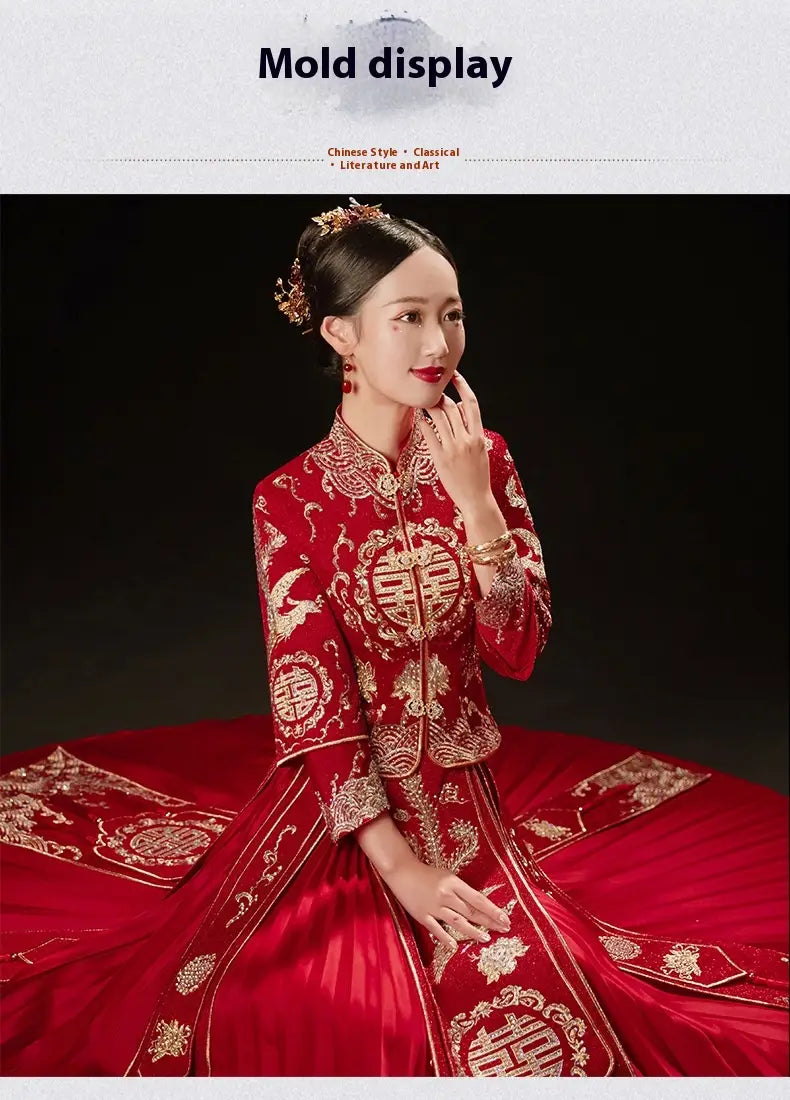 plus size red dragon embroidery slimming toast dress featuring a rich red Chinese wedding gown with intricate gold embroidery including traditional double happiness symbols and phoenix motifs.
