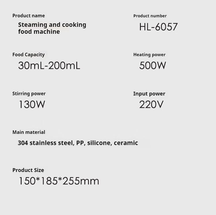 Hl-6057 cream multifunctional baby cooking machine steaming food with 304 stainless steel, pp, silicone, and ceramic construction for safe and efficient cooking machine use.