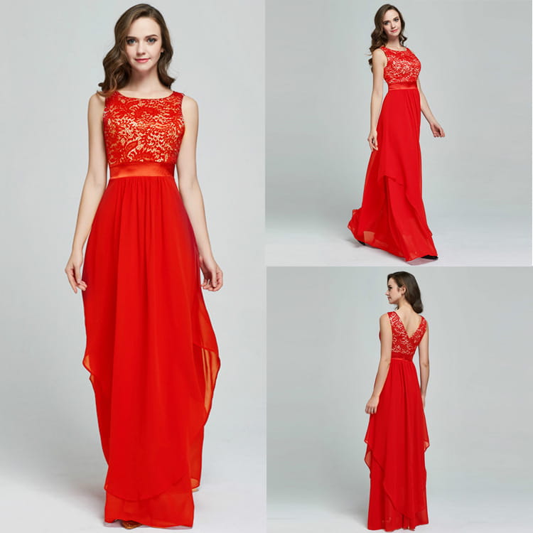 A vibrant red sleeveless maxi lace spliced chiffon gown featuring an intricate lace bodice and a flowing chiffon skirt.
