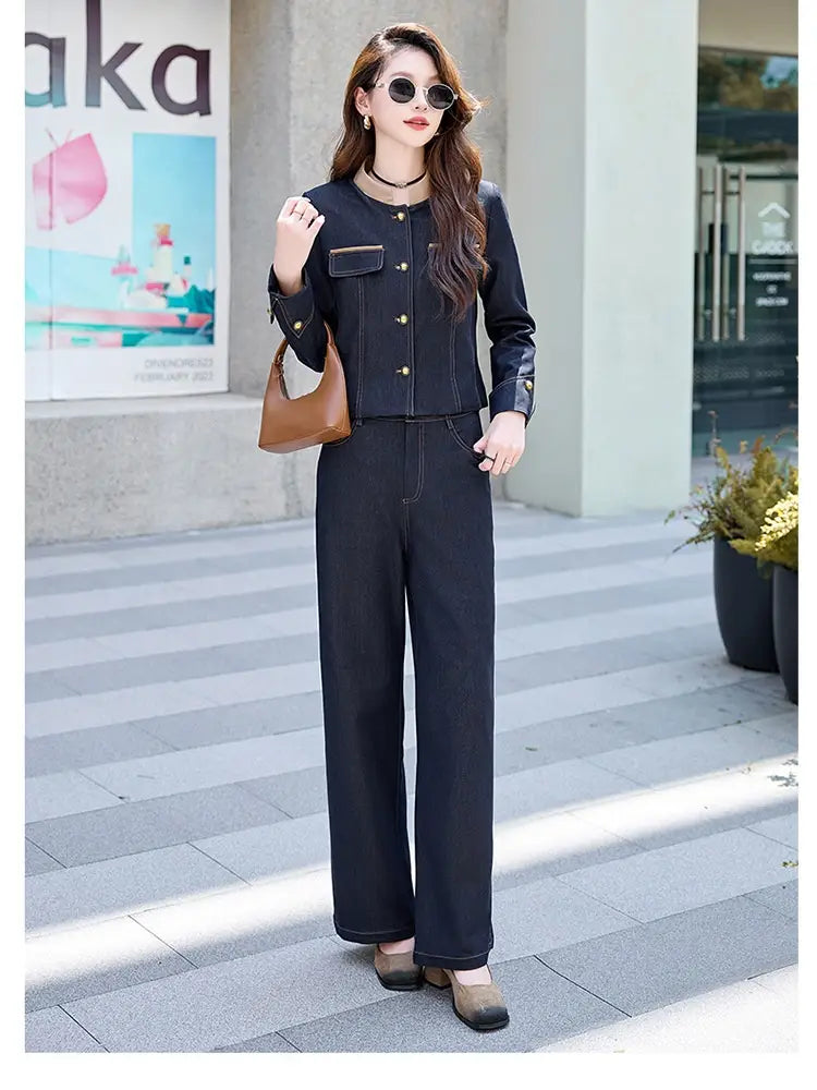 Black denim elegance retro casual jacket with gold-tone buttons and patch pockets in a casual denim jacket and pants set