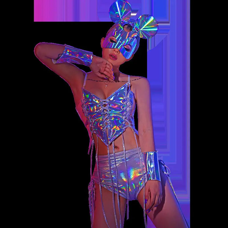 A shimmering holographic blue and silver bar performance costume set with a matching mask featuring large reflective bow-like ears designed for nightclub lead dance and bar performance use.