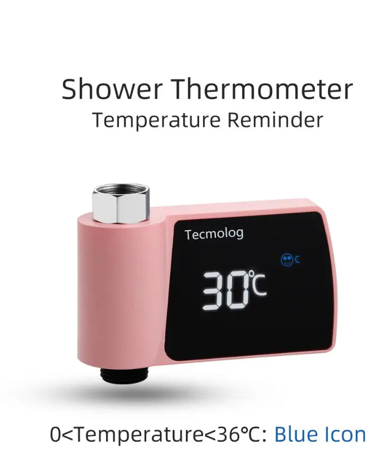 Digital plastic visual shower thermometer in pink with a digital display showing 30°c and a silver faucet connection designed for visual shower faucet use with power consumption water monitoring.