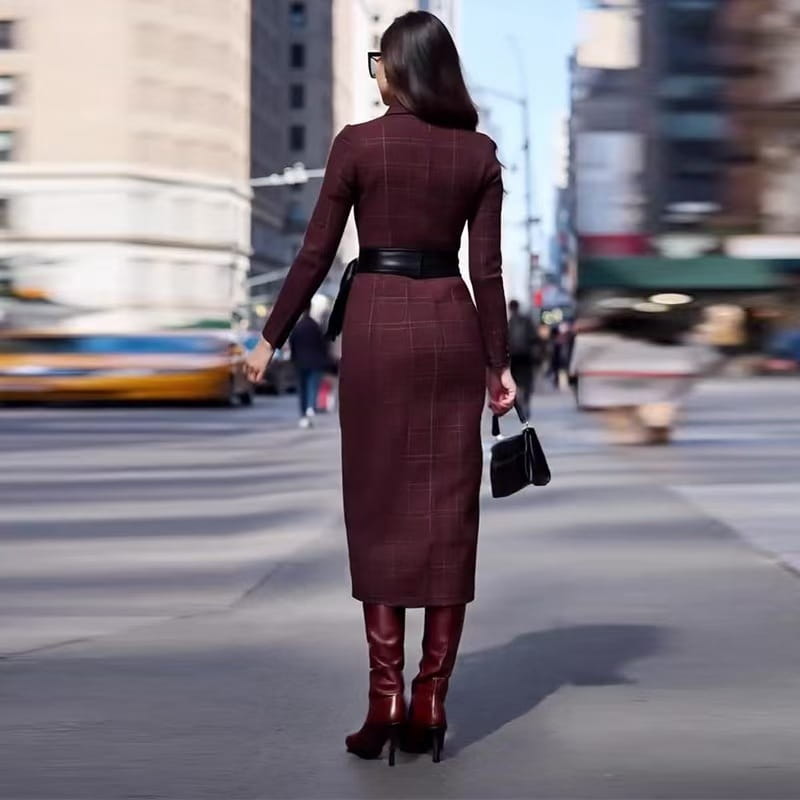 A burgundy plaid midi belted dress with a fitted silhouette, long sleeves, high neck, and a wide-waisted belted design.