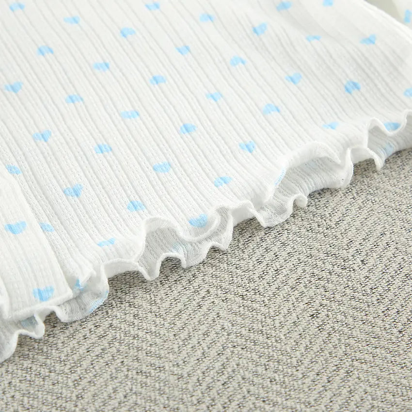 white cotton knitted heart printing fabric with light blue heart patterns and ruffled edge from a heart printing comfortable ribbed loungewear set