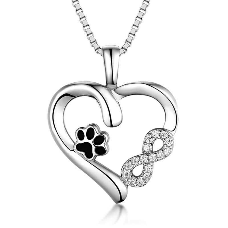 S925 fashionable pet silver heart necklace featuring an infinity symbol and black pet dog paw adorned with clear crystals.