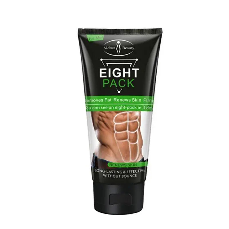 Black tube of Aichan beauty fat burning cream with green accents and transparent window showing eight pack muscles