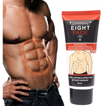 Red and black tube of fat burning cream designed for eight pack muscles abdominal growth in an eight pack muscle cream pack