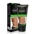 Black tube fat burning cream for eight pack muscles featuring green accents and a muscular abdomen image on packaging
