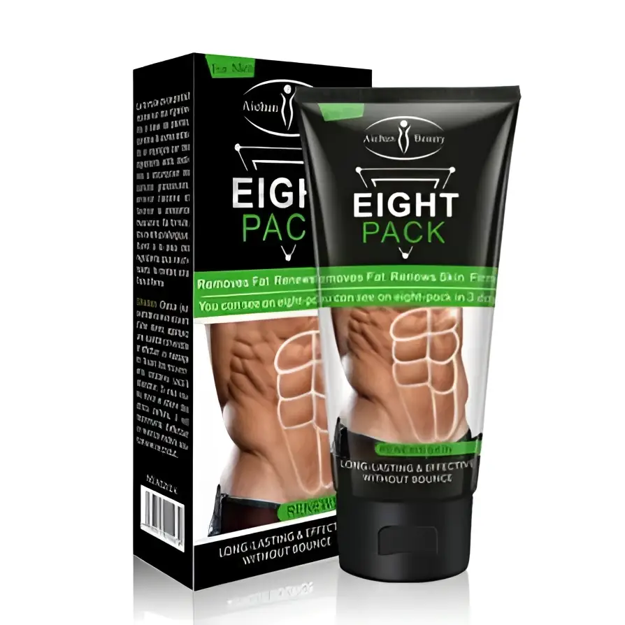 Black tube fat burning cream for eight pack muscles featuring green accents and a muscular abdomen image on packaging