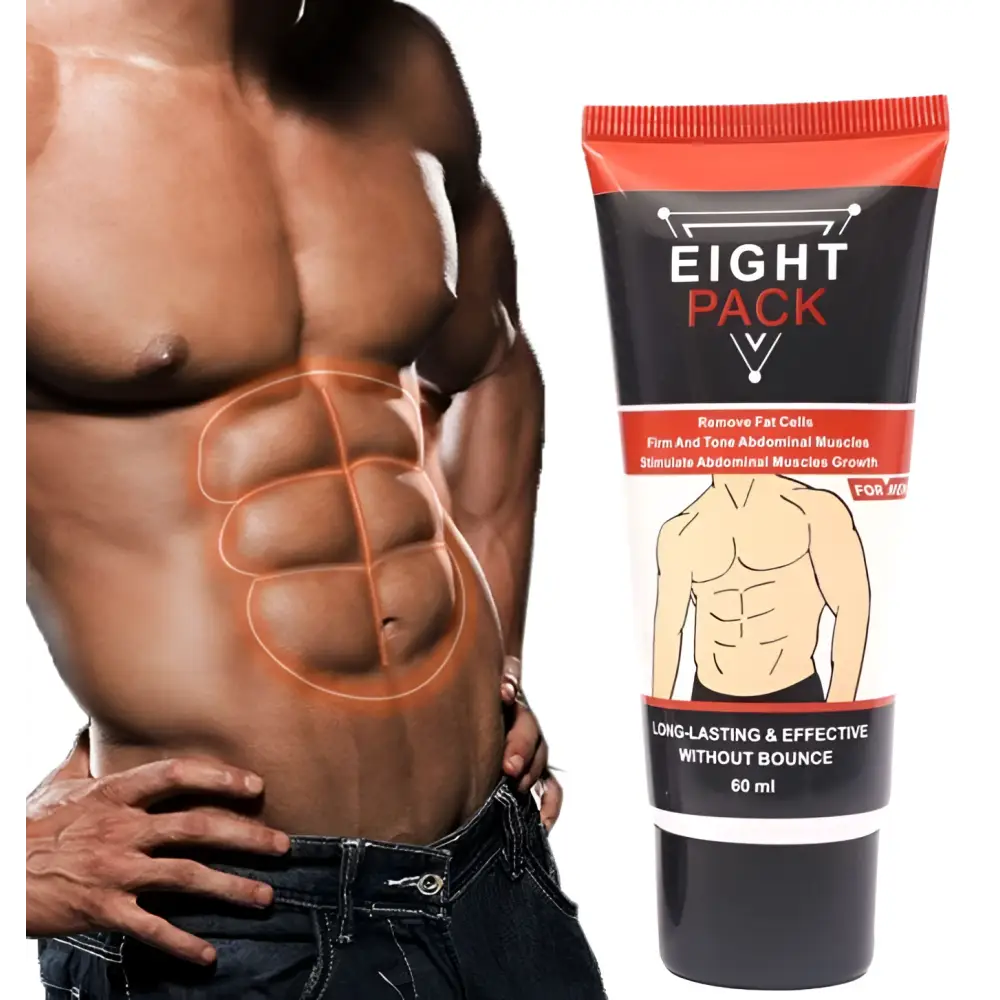 Red and black tube of abdominal fat burning cream for enhancing eight pack muscles in an eight pack pack