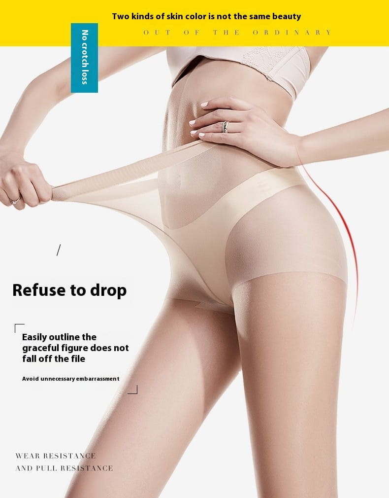 Beige sheer high-waisted panty made of smooth stretchable fabric that contours the body, complementing women’s summer flesh color silk stockings for a flesh color supernatural look.