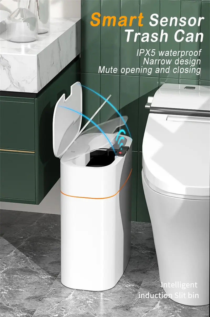 White smart trash can with a sleek narrow design and orange accent stripe for living room kitchen use.