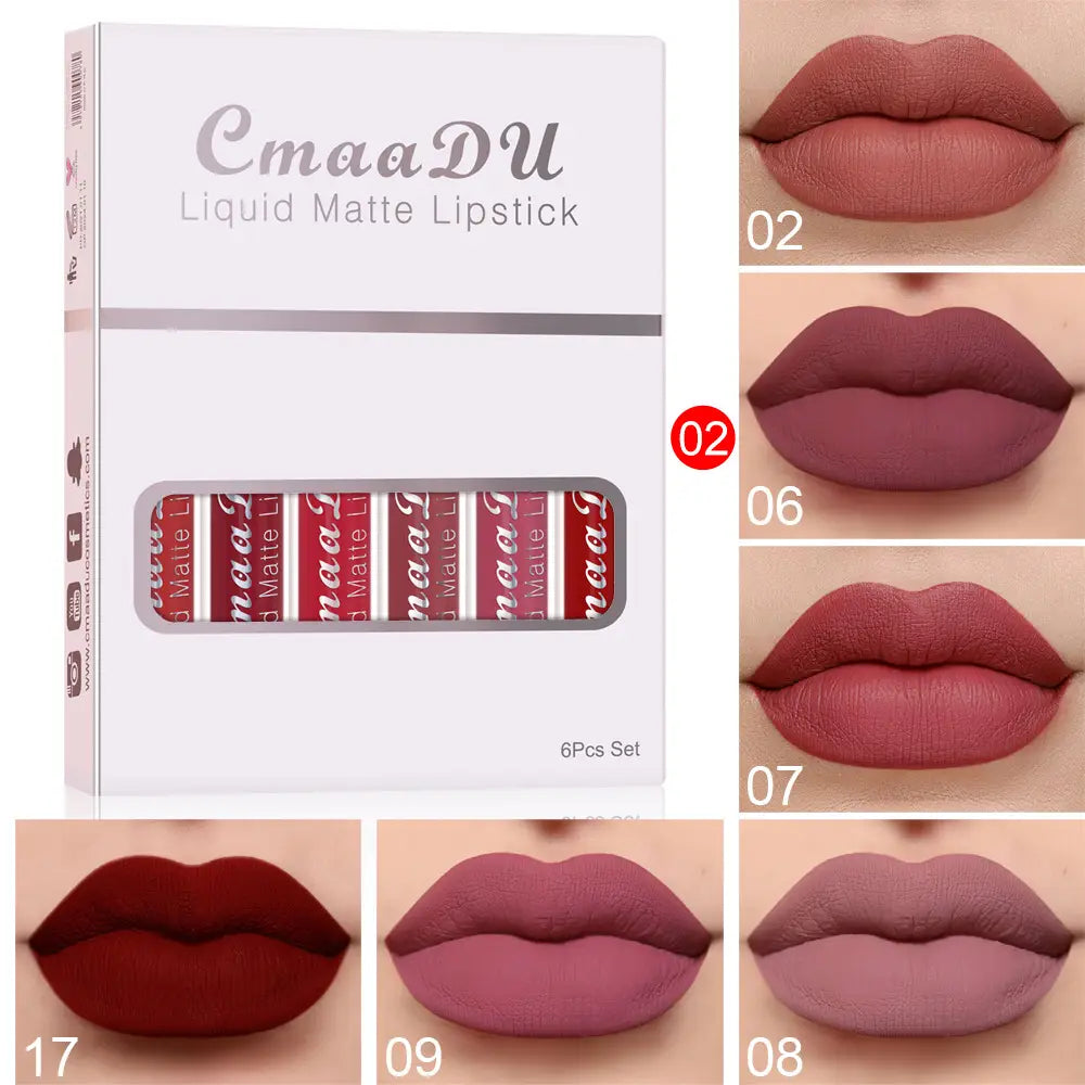 cmaadu 6 piece matte waterproof lipstick long lasting set featuring six red-tinted tubes in shades from muted rose to deep burgundy designed as a cup waterproof lipstick collection for all-day wear.