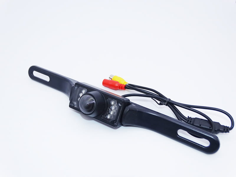 black plastic rearview camera with integrated led lights and rca cable connectors shown from the back side for 7 inch suction cup display hd wireless rearview camera system