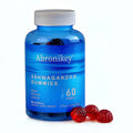 A blue plastic bottle of abronikey ashwagandha vitamin d gummy with 60 mixed berry ksm-66 ashwagandha supplements