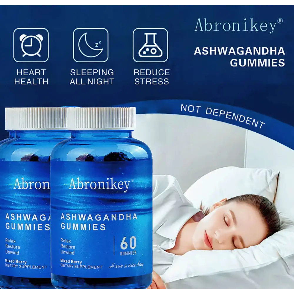 A blue plastic bottle of abronikey ashwagandha vitamin d gummy mixed berry with 60 ksm-66 ashwagandha gummies