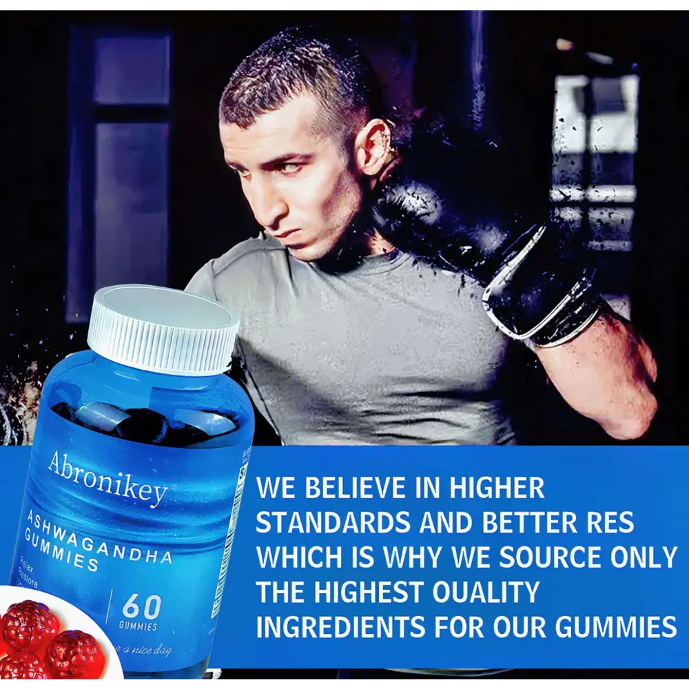 Blue plastic bottle of abronikey ashwagandha vitamin d gummy with white cap and label showing 60 mixed berry gummies
