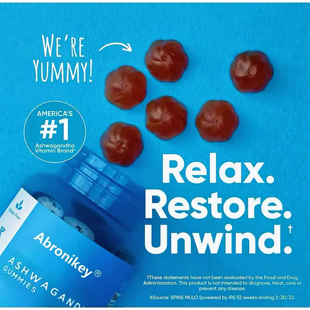 Red glossy gummy bear shaped abronikey ashwagandha vitamin d gummies with ksm-66 ashwagandha in blue bottle