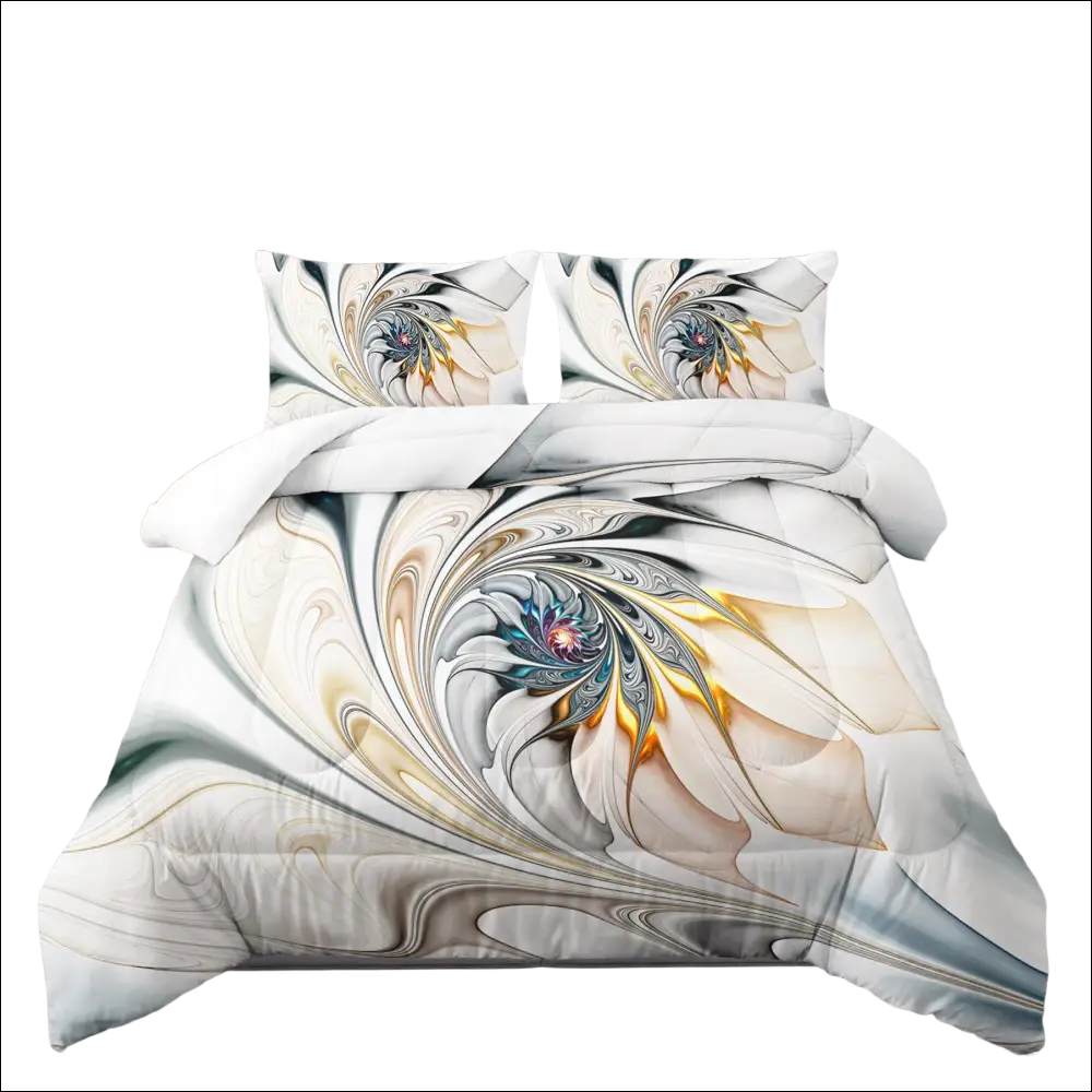 Abstract floral twin size comforter set featuring a white bedding set with swirling cream gold teal and black floral design