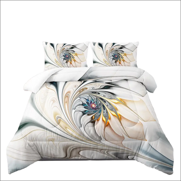 Abstract floral twin size comforter set featuring a white bedding set with swirling cream gold teal and black floral design