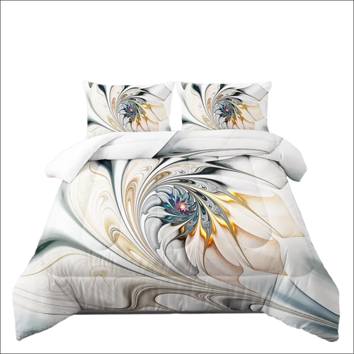 Abstract floral twin size comforter set with swirling floral design in cream gold teal and black for stylish bedding set