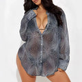 A sheer dark gray and white geometric pattern button-up printed bikini blouse with long sleeves