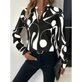 Black and white abstract printed notched collar shirt long sleeve with v neckline in lightweight fabric