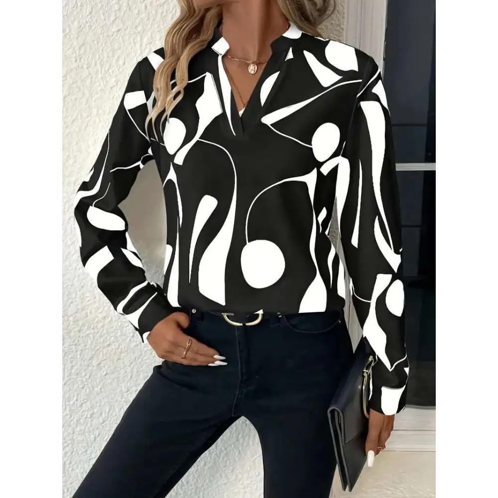 Black and white abstract printed notched collar shirt long sleeve with v neckline in lightweight fabric