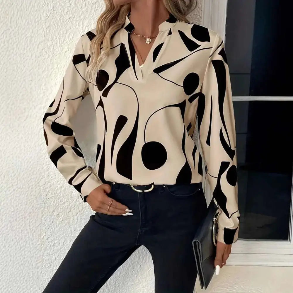 Beige and black abstract printed notched collar shirt long sleeve blouse with v-neckline for stylish wear