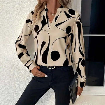 Beige and black abstract printed notched collar shirt long sleeve blouse with v-neckline for stylish wear