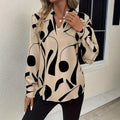 Beige and black abstract printed notched collar shirt long sleeve with v-neckline in lightweight fabric
