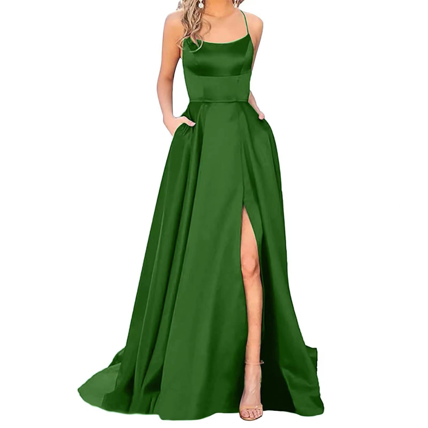 a solid color long emerald green satin evening gown with square neckline and high slit designed for color long slimming shoulder hollow girlfriends.