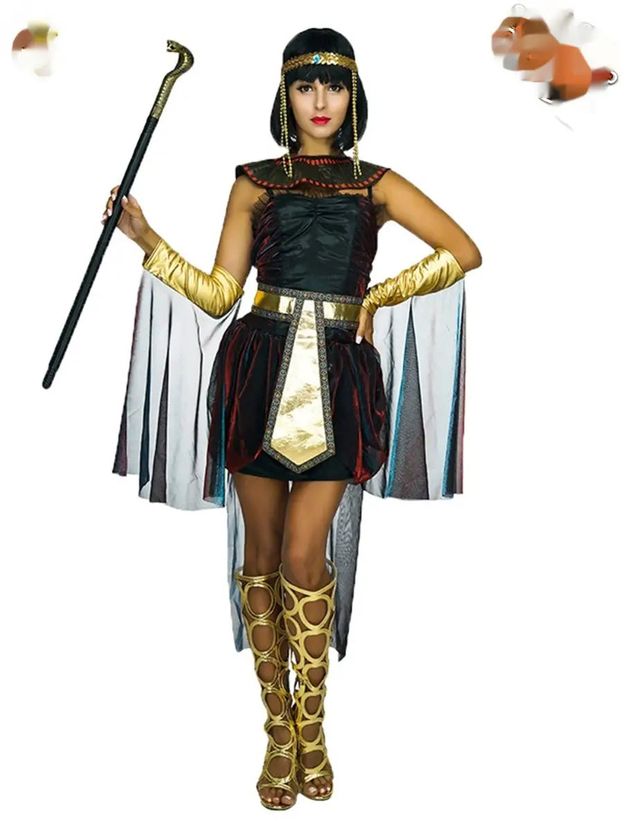 halloween women’s cleopatra party clothes featuring a black velvet top with gold trim, matching dark red and silver skirt and capelet, paired with ornate golden gladiator-style boots for women’s cleopatra role-playing.