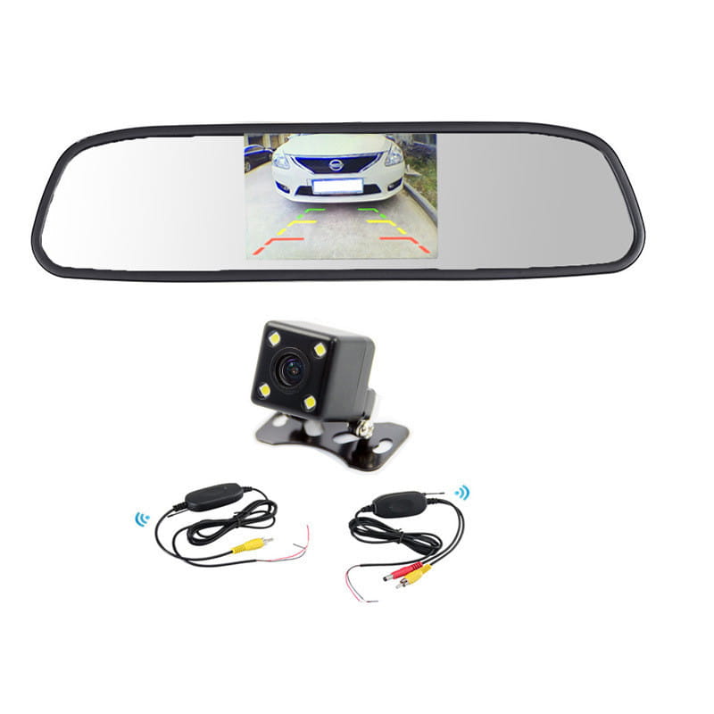 Black rearview mirror with integrated seven-inch wireless camera display showing white car parking guidance lines for analog signal seven-inch wireless rear view camera system.